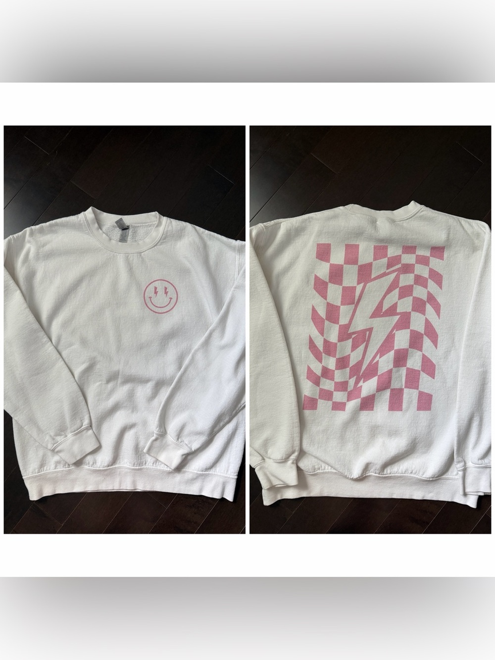 White Crewneck Sweatshirt with Pink Lightning Smile Graphic sz L